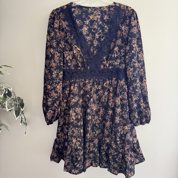 Imexn Dresses & Skirts - Imexn Dress Womens Large‎ Blue Floral Lace Long Sleeve V Neck Ruffle Boho Short